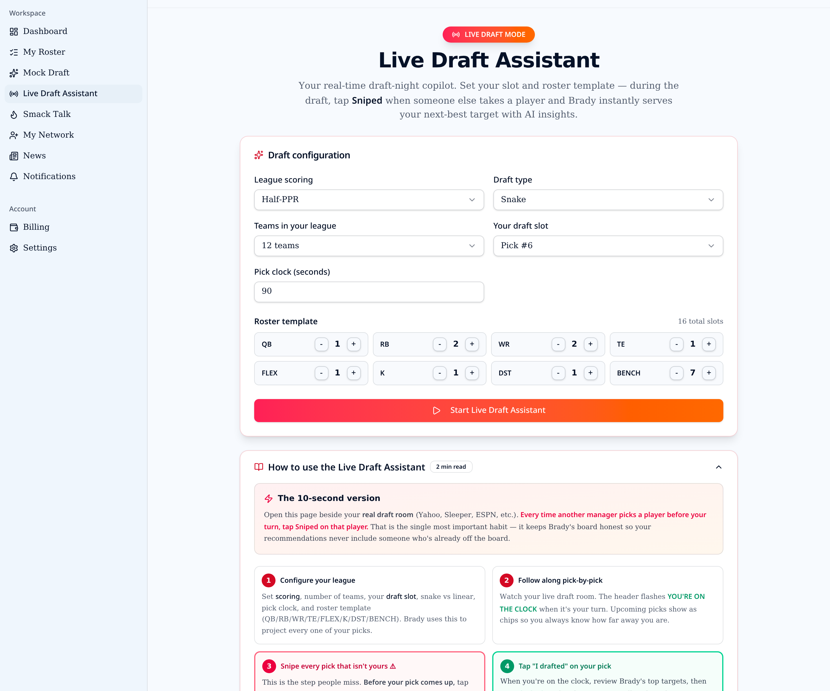 Live Draft Assistant screenshot from LeagueIQ.ai
