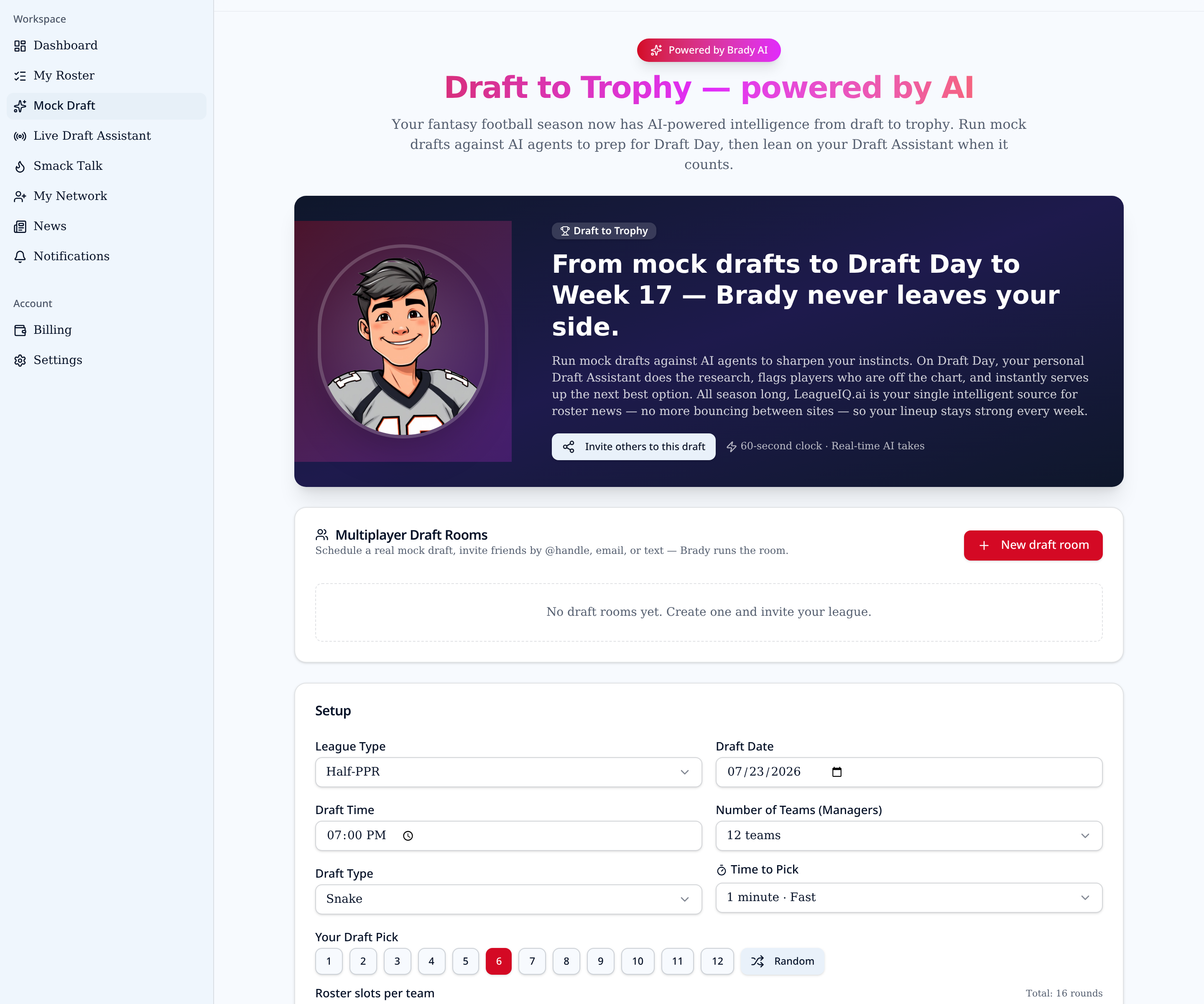 Mock Draft Arena screenshot from LeagueIQ.ai